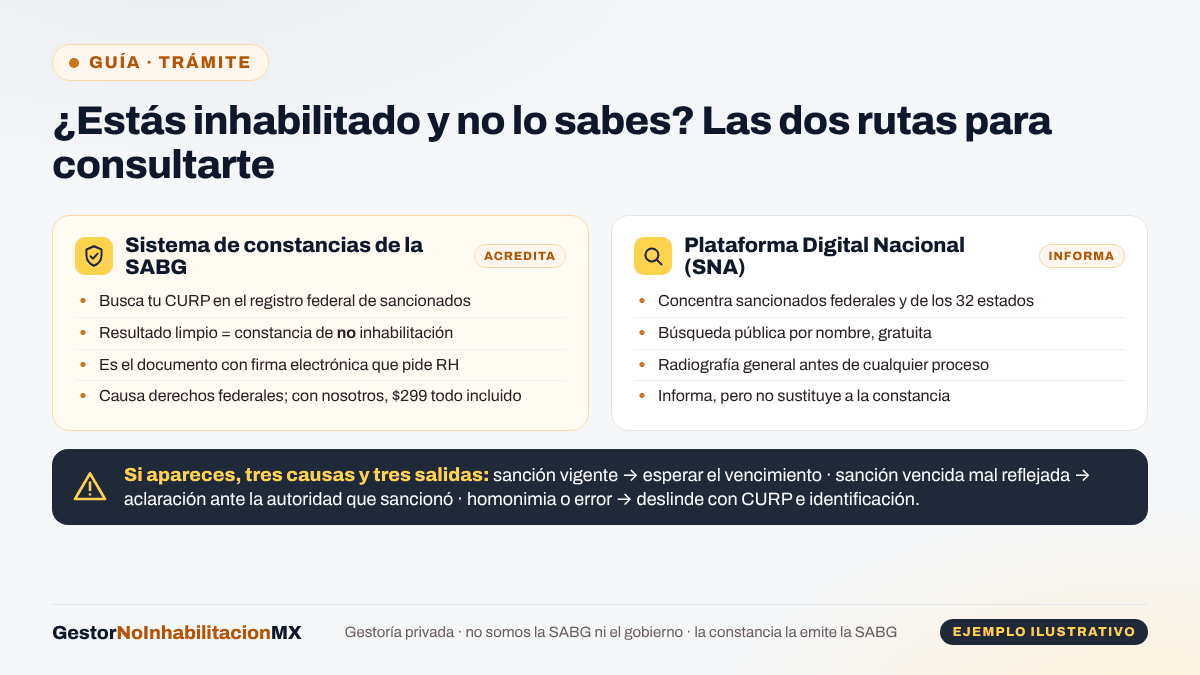 Esquema de las dos rutas para saber si estás inhabilitado: el sistema de constancias de la SABG (busca tu CURP en el registro federal y el resultado limpio es la constancia de no inhabilitación) y la Plataforma Digital Nacional (búsqueda pública y gratuita por nombre); y las tres causas por las que alguien aparece con su salida: esperar el vencimiento, aclaración o deslinde por homonimia.