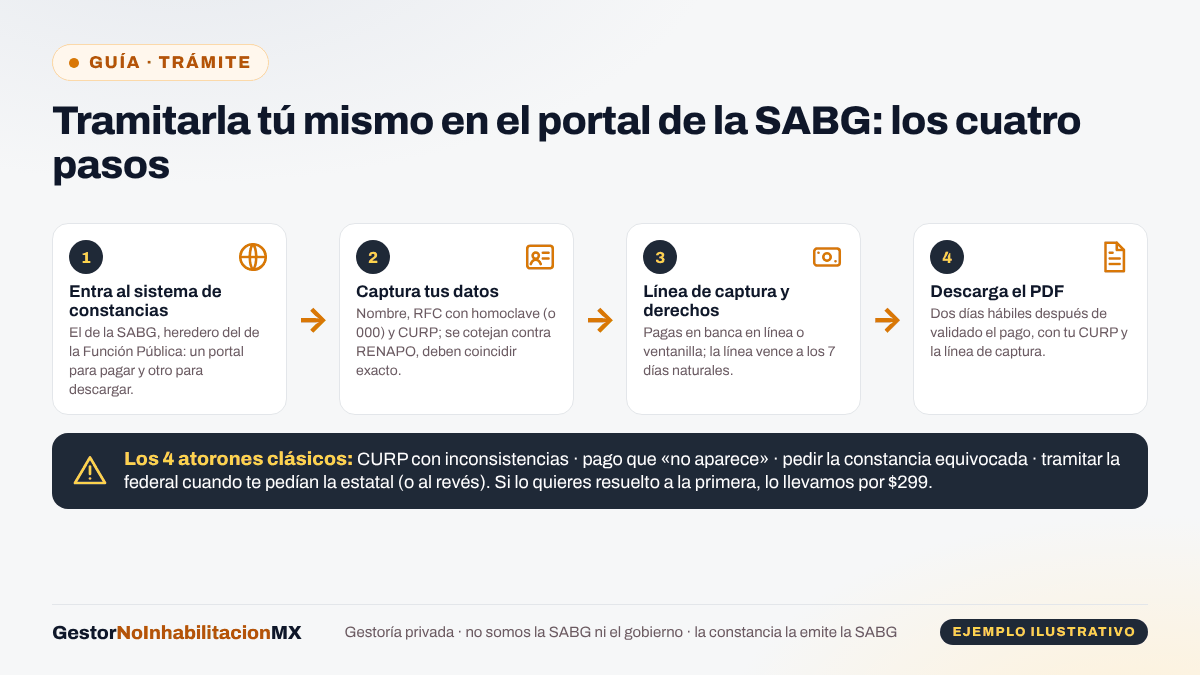 Diagrama del trámite directo de la constancia de no inhabilitación en el portal de la SABG en cuatro pasos: entrar al sistema de constancias, capturar nombre, RFC con homoclave y CURP, pagar la línea de captura de derechos y descargar el PDF dos días hábiles después; con los cuatro atorones clásicos.
